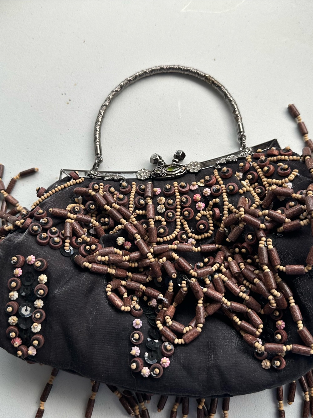 Black Beaded Evening Clutch with Brown Accents
